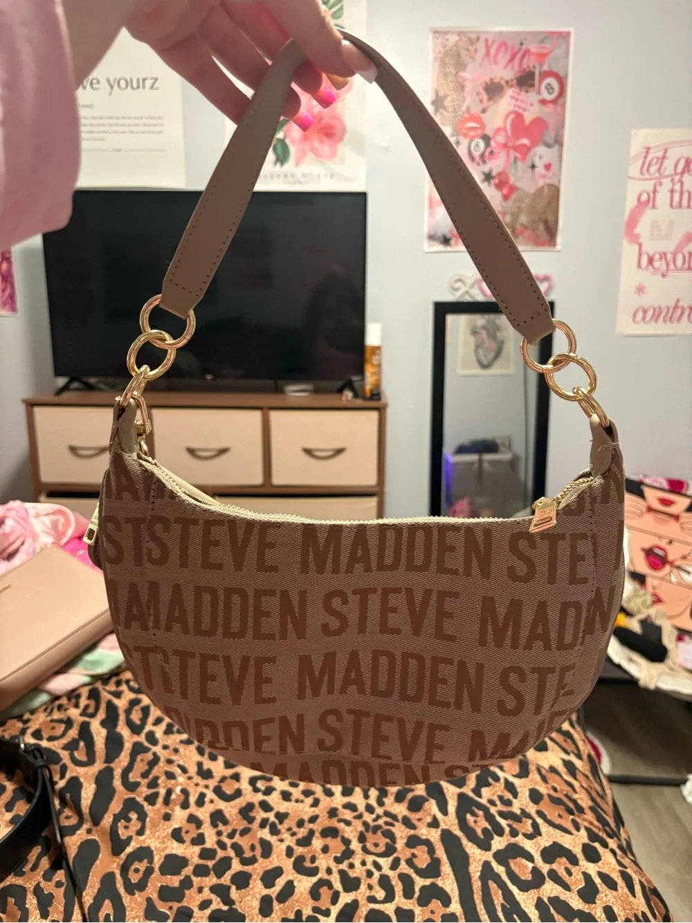 Steve Madden Brown Logo Crescent Shoulder Bag with Gold Hardware